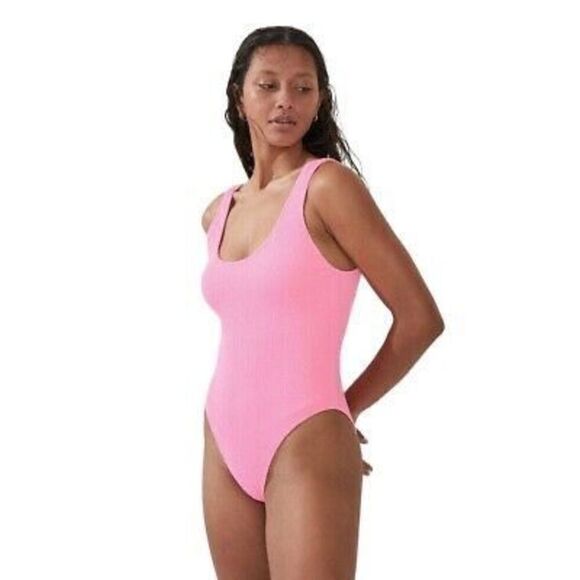 Cotton on One-Piece Swimsuit Malibu Pink Crinkle Open Back Cheeky Swimwear large - Picture 1 of 4